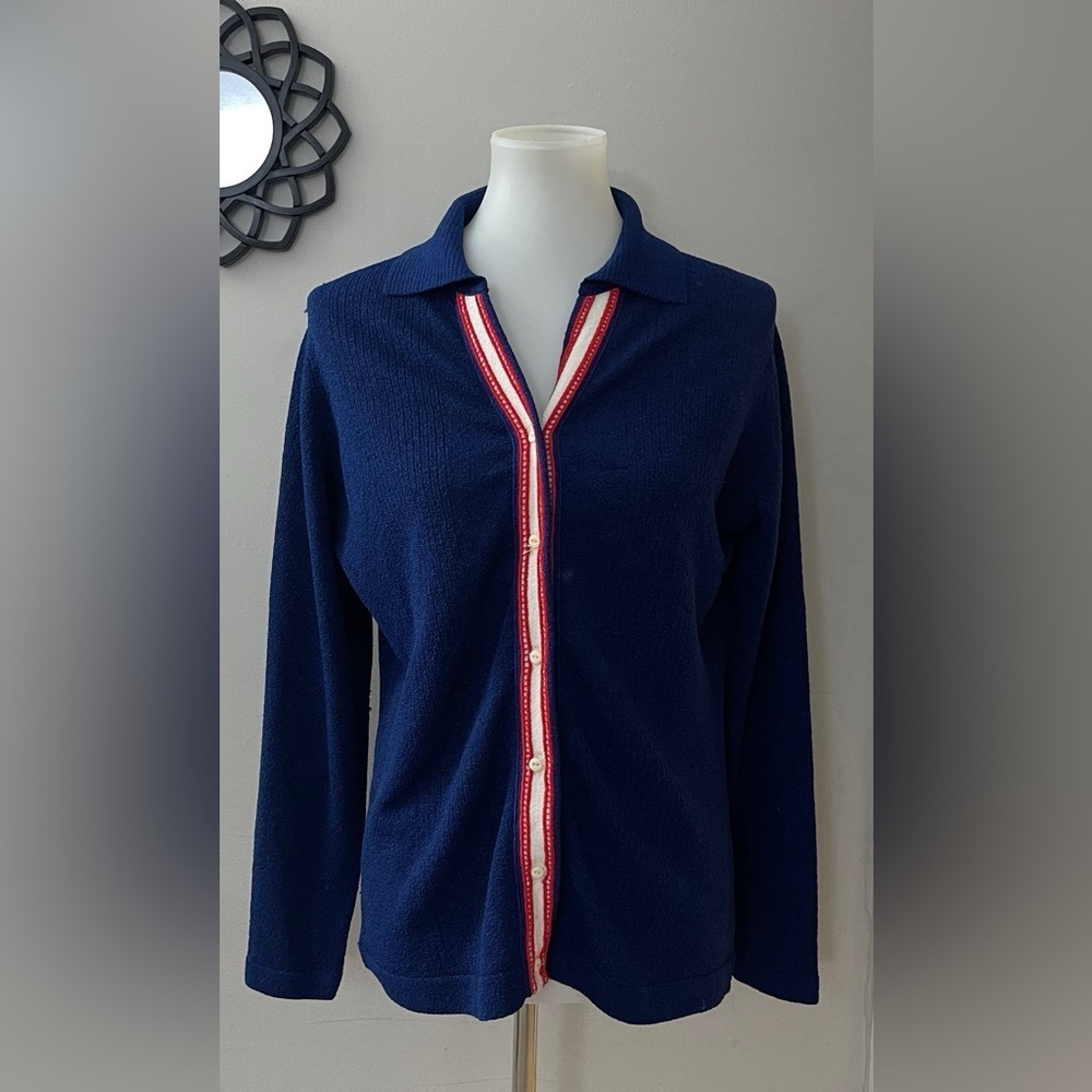 Vintage 60s 70s Talbott Traveler Navy Blue Top Red & White Stripe Preppy